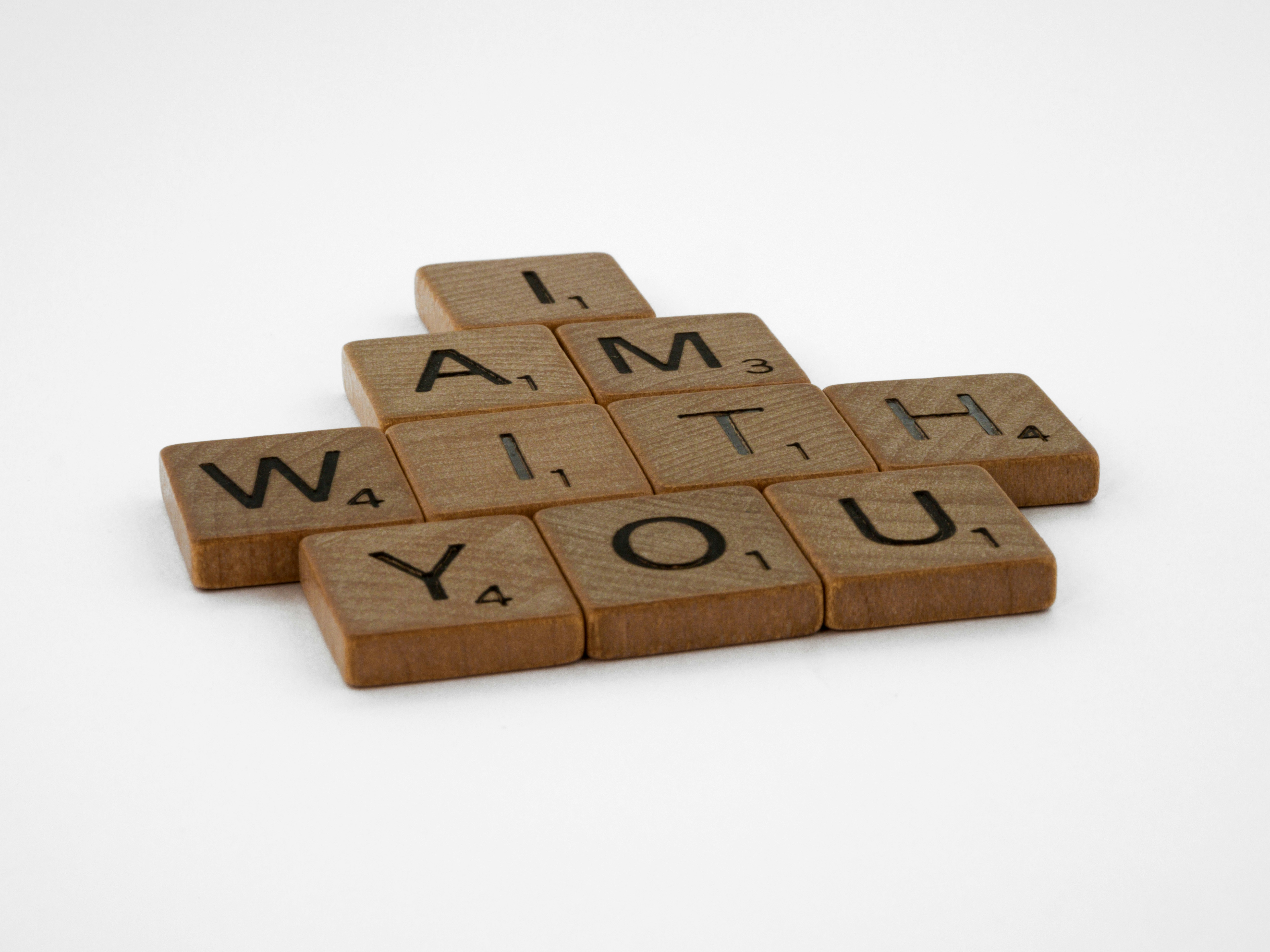 scrabble, scrabble pieces, lettering, letters, wood, scrabble tiles, white background, words, quote, letters, type, typography, design, layout, focus, bokeh, blur, photography, images, image, i am with you, isaiah 41-10, matthew 28-20, jesus, christianity, presence, assurance, relationship, holy spirit, do not be afraid, peace,